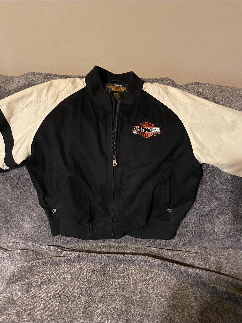 Harley-Davidson Black Jacket with White Sleeves and Patch Logo